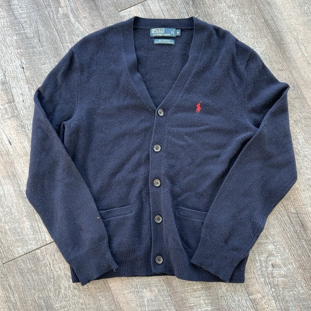 Vintage Polo Ralph Lauren Cardigan Mens Medium Navy Blue Merino Wool Sweater